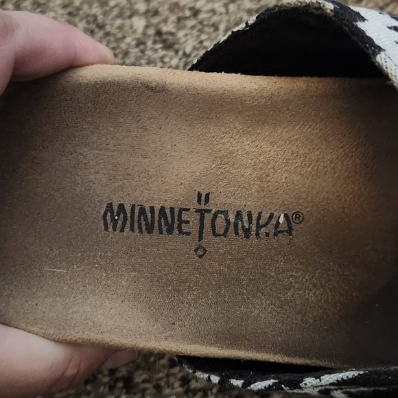 Minnetonka Black and White Slip-On Sandals - Picture 2 of 5